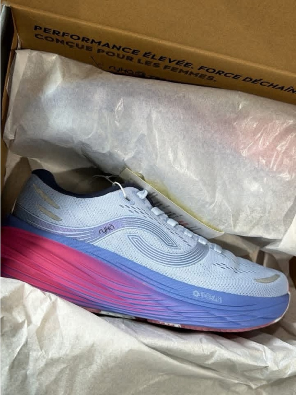 Ryka Women's Light Blue Running Shoe with Pink and Purple Gradient Midsole